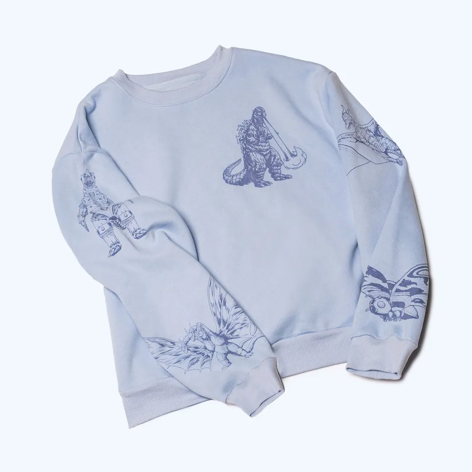 godzilla-kaiju-print-sweatshirt-blau-cropped-baumwolle image 1