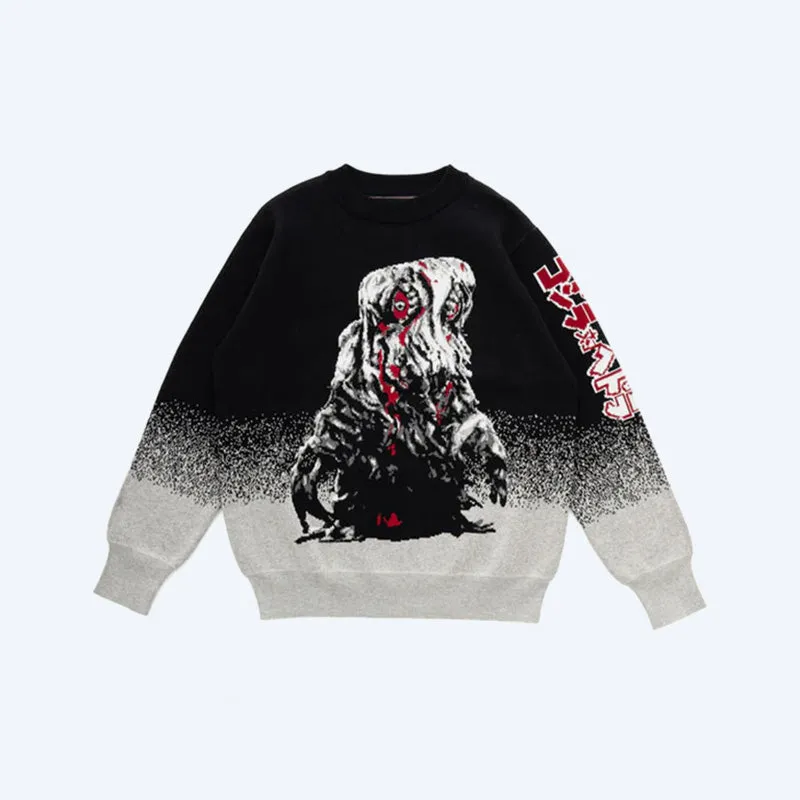 godzilla-vs-hedorah-jacquard-knit-crewneck-pullover-schwarz-m image 1