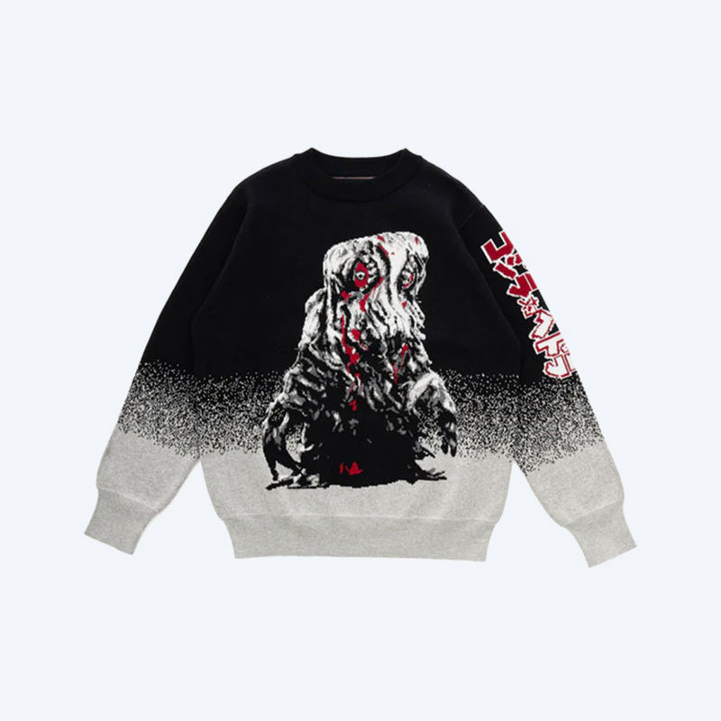 godzilla-vs-hedorah-jacquard-knit-crewneck-pullover-schwarz-m image 1