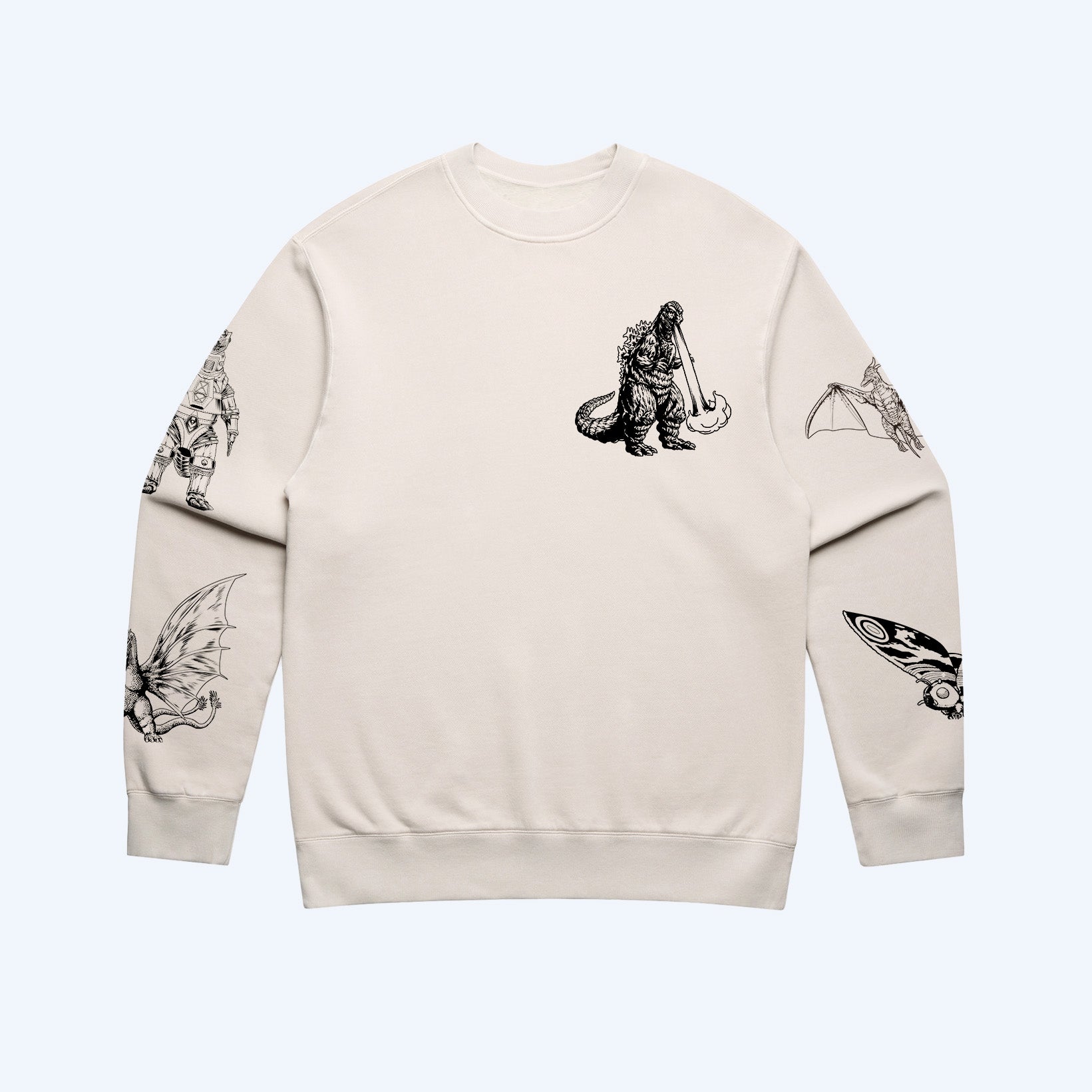 godzilla-kaiju-print-sweatshirt-pullover-creme-baumwolle image 1