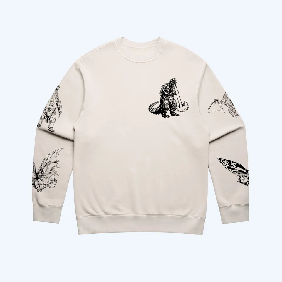 godzilla-kaiju-print-sweatshirt-pullover-creme-baumwolle image 1