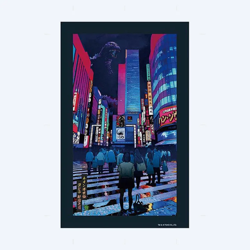 godzilla-neon-ukiyo-e-shinjuku-stoffbild-33x19-cm image 1