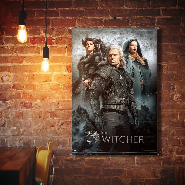 elbenwald-witcher-wall-scroll-geralt-ciri-yennefer-wandbild-stoff image 1