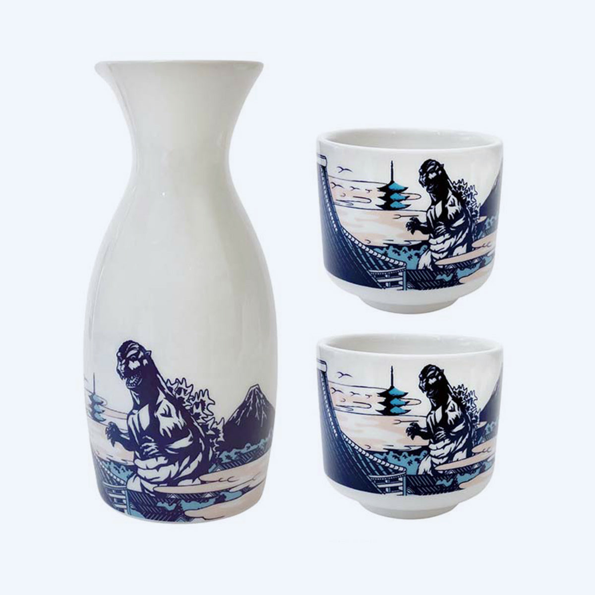 godzilla-sake-set-blau-tokkuri-flasche-2-becher-keramik image 1