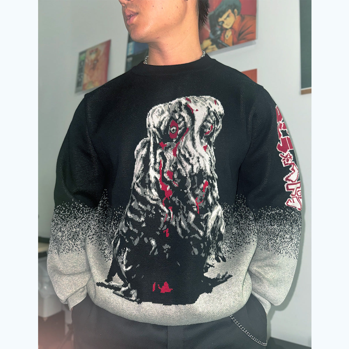 godzilla-vs-hedorah-jacquard-knit-crewneck-pullover-schwarz-m image 3